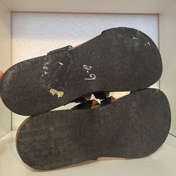 Vionic Afton Black Leather Rhinestones Adjustable Straps ComfortSlip On Sandals - Picture 11 of 11